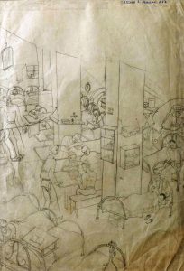 “Caserna 3. Peniche. 1937”. Desenho de Álvaro Cunhal quando esteve detido no Depósito de Presos de Peniche pela primeira vez (12-07-37 a 24-05-38). Doação GES-PCP ao MNRL